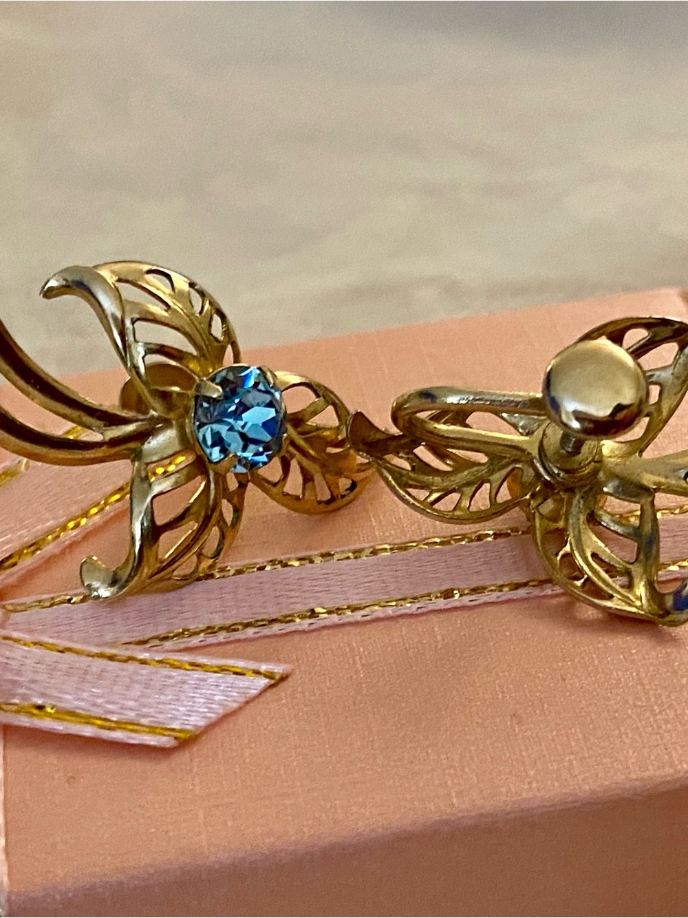 Source Unknown Gold Floral Clip Earrings with Blue Rhinestones